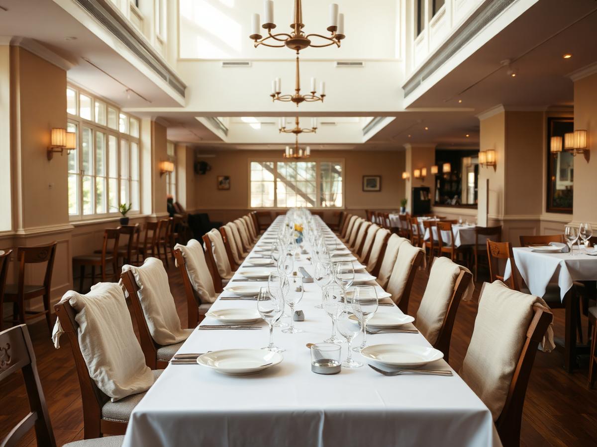 Lange gedekte tafel voor een groep in de brasserie